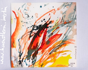 Bild klein abstrakt rot 10x10 cm original Aquarell Malerei Papier quadratisch Unikat Sommer