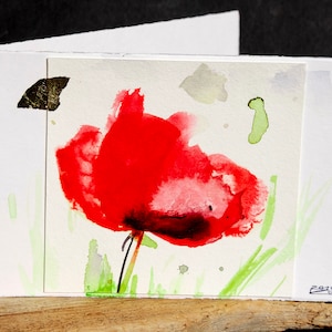Carte de voeux coquelicot peinte à la main carte pliante A6 10 x 15 cm avec enveloppe faite main aquarelle originale unique signée format paysage
