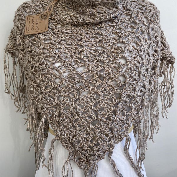 Triangle Shawl/Wrap with Fringe. Crocheted in Acrylic - Light Taupe