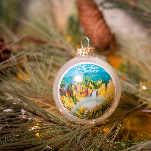 Yellowstone Waterfall Glass Christmas Ornament