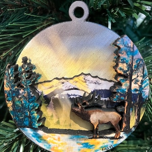 Elk in the Mountains 3D Wood Ornament