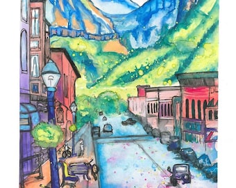Don't Pee on the Sidewalk - Telluride Colorado watercolor Citiscape Painting - Print on Wood