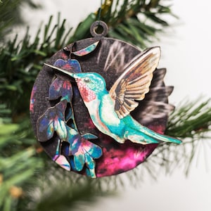 Adorno de árbol de Navidad de madera en 3D con forma de colibrí