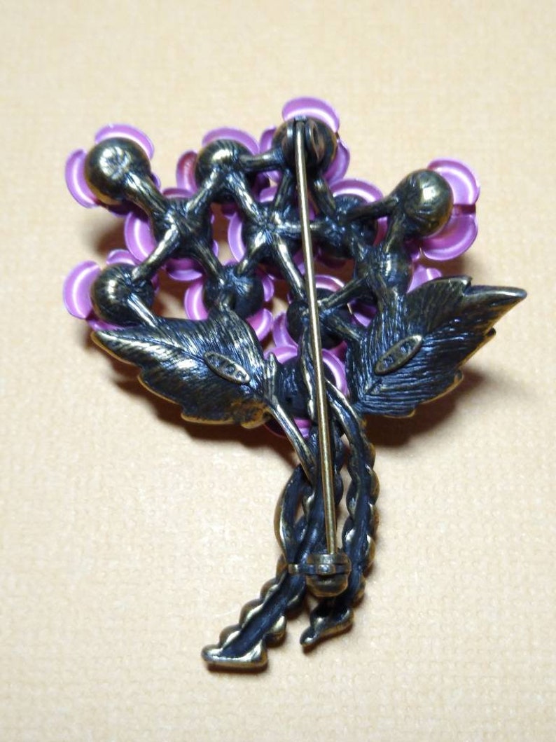 Vintage Pink Flower Green Rhinestones Pin Brooch