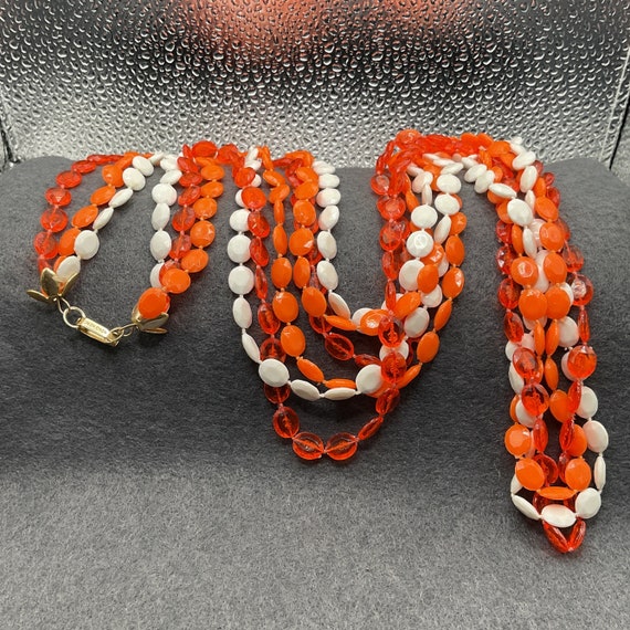 Long Orange and White Three Strands Necklace (705… - image 2