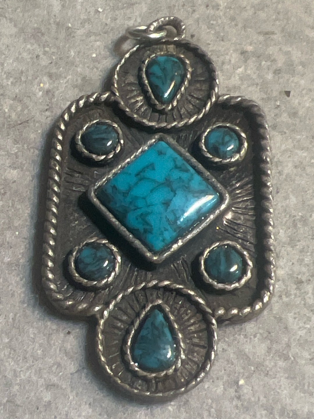 Vintage Silvertone and Turquoise Looking Aztec Style Pendant a1627gr - Etsy
