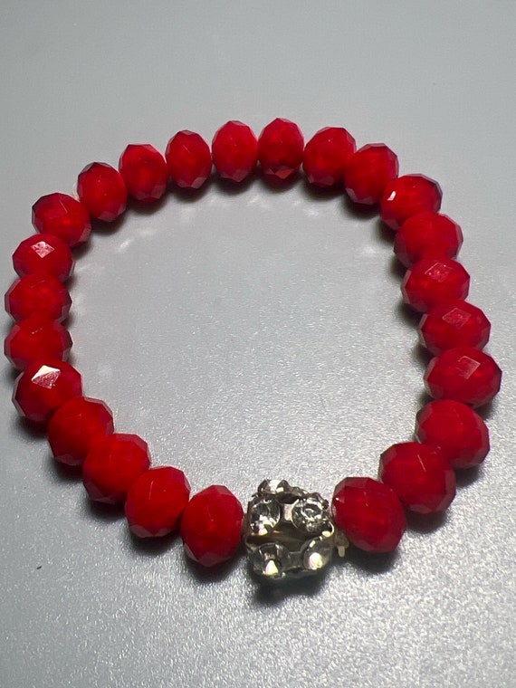Vintage Bright Red Faceted Beads and One Clear Rhi