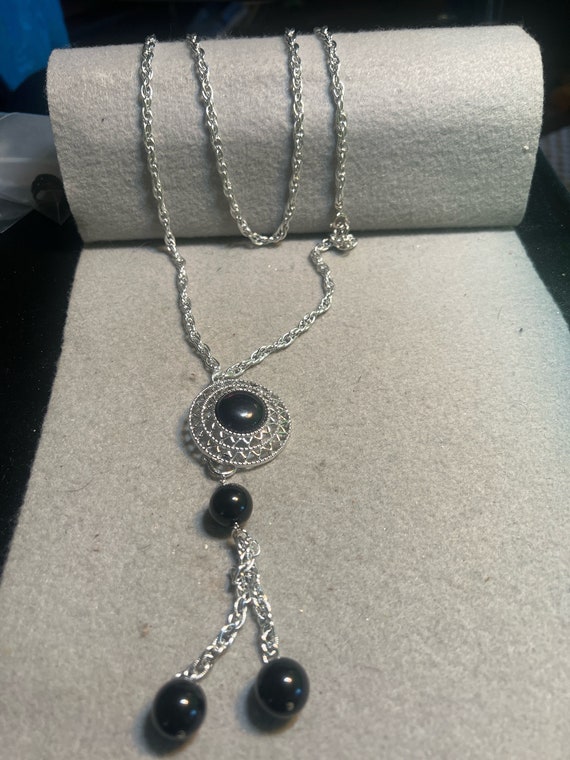 Vintage  Silvertone  Black Pendant and Balls Neckl