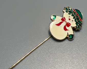 Vintage Goldtone Enamel White Red and Green Snowman Stick Pin (A047gr)