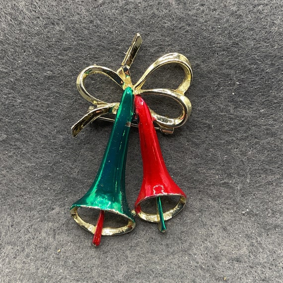 Enamel Green and Red Christmas Bells Brooch (6856) - image 1