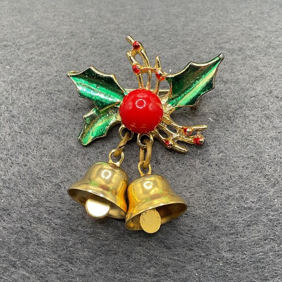 Gold Tone Christmas Holly and Bells Dangle Brooch… - image 1