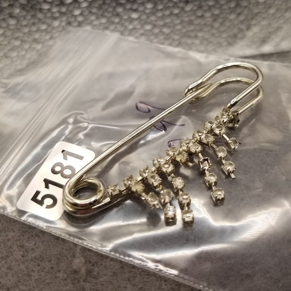 Large Silver Tone Safety Pin Brooch with Hanging Rhin… Gem