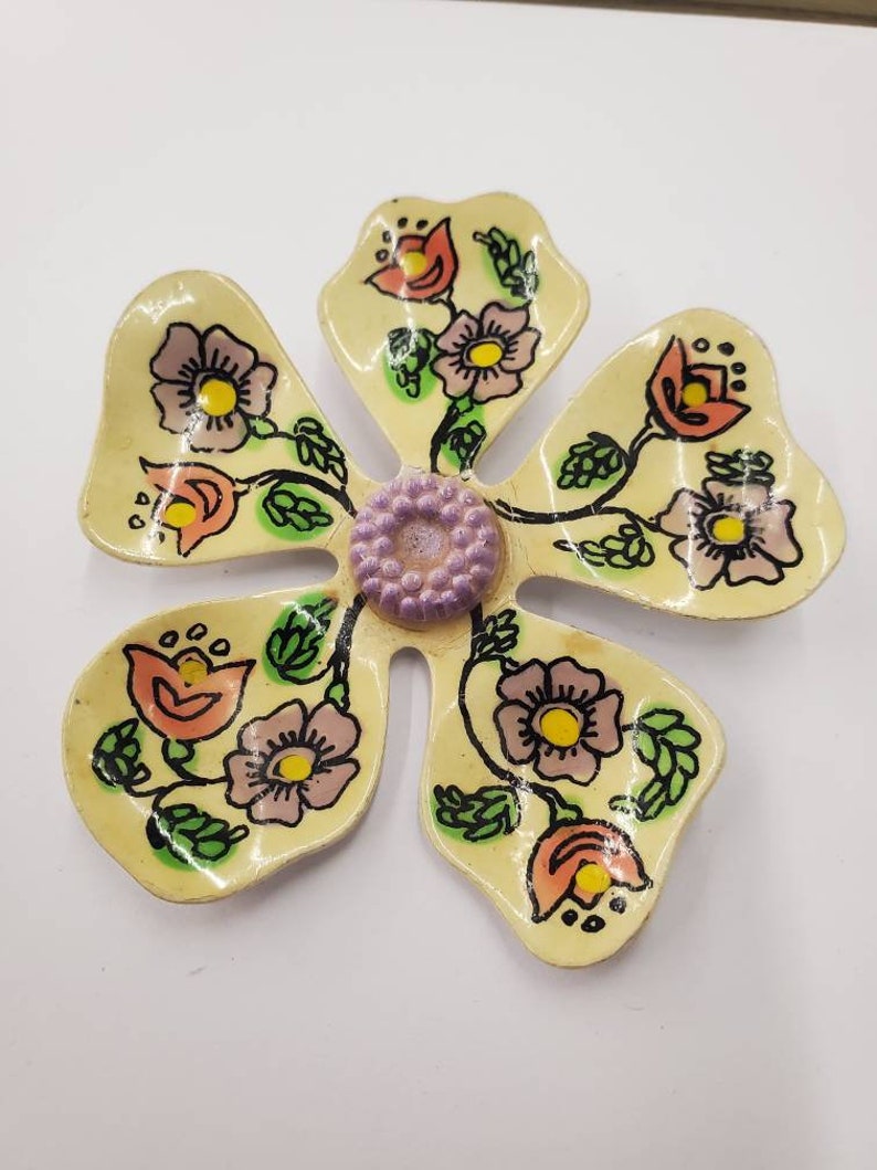 Vintage Enamel Flower with Flower pattern Pin Brooch