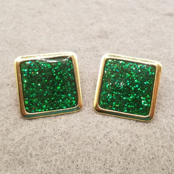 Square Gold Tone and Sparkly Green Earrings (4687) - image 1