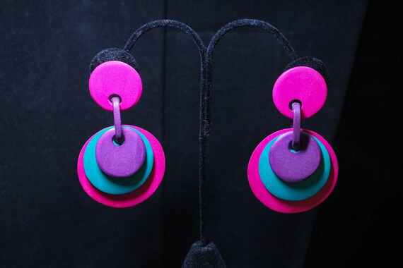Vinage 80's Pink, Teal and Purple Wood Earrings (… - image 1