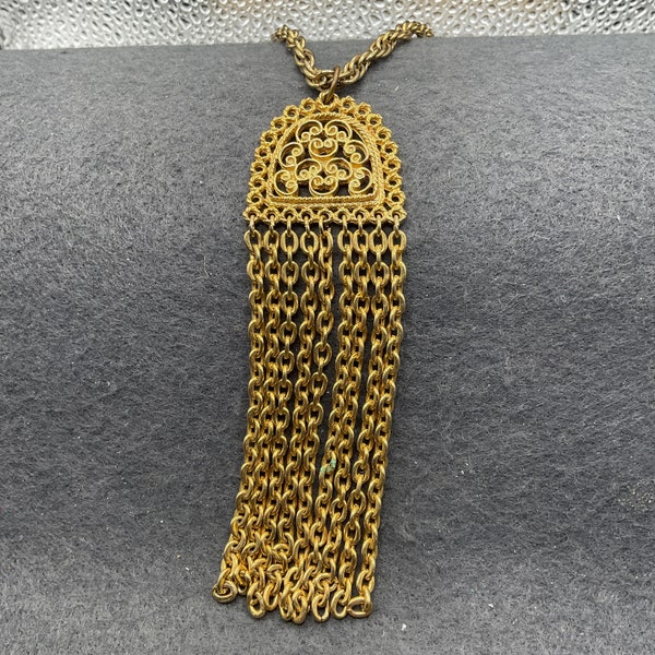 Gold Tone Design Pendant with Strands of Chain Necklace (7023)