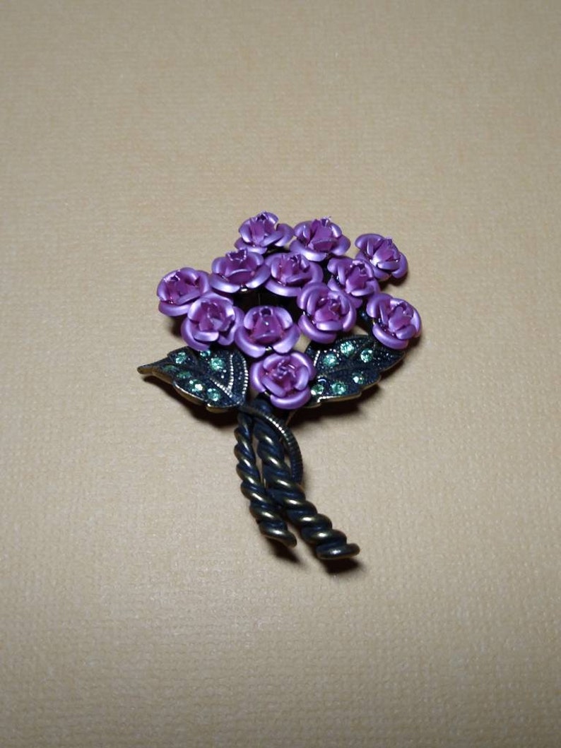 Vintage Pink Flower Green Rhinestones Pin Brooch