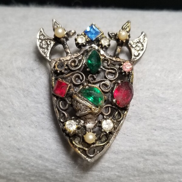 Vintage Knight Sheild with Multicolored Rhinestones Pin/Brooch (4681)