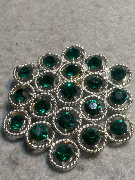 Vintage Silvertone and  Green Rhinestone Pin Broo… - image 1