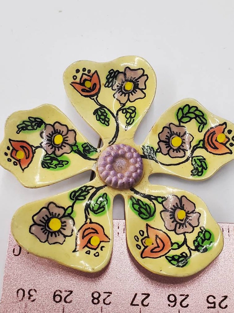 Vintage Enamel Flower with Flower pattern Pin Brooch
