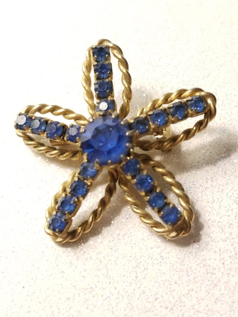 Vintage Deep Blue Rhinestone Flower Pin Brooch Goldtone