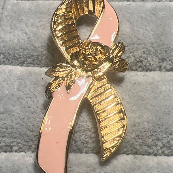 Vintage  Goldtone with Pink Enamel Ribbon Pin  Brooch (A1958gr)