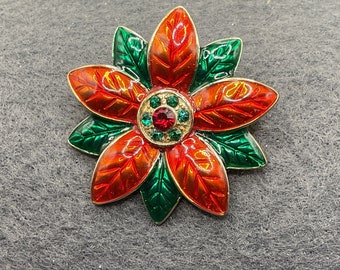 Christmas Red, Green and Gold Tone Flower with Rhinestones Brooch (6707)