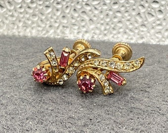 Gold Tone Design with Pink and White Rhinestones Screw Back Earrings (6854)