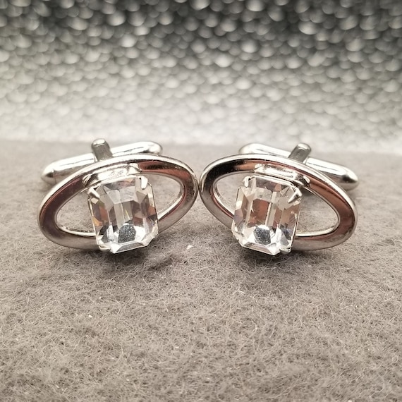 Signed Oval Silver Tone Cuff Links with Rectangul… - image 1