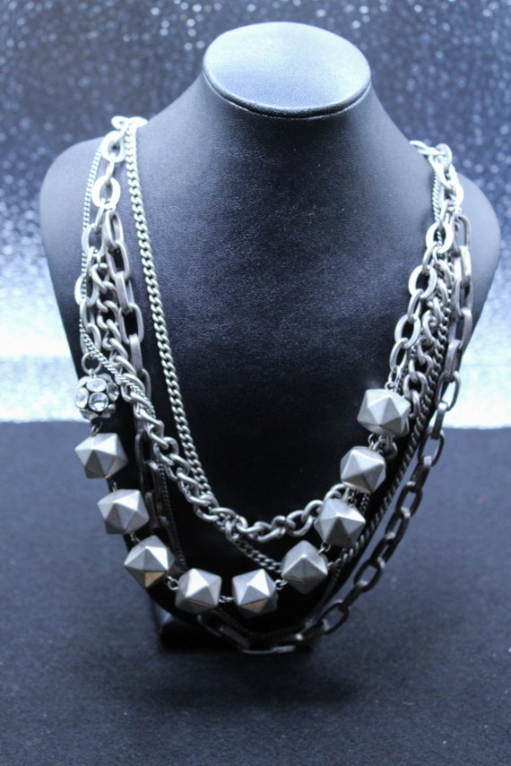 Unique Silver Tone Metal Chain Necklace with Geom… - image 1
