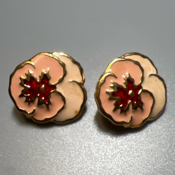 Vintage Goldtone With Red Salmon and Cream Colored Pansy Enamel  Clip on Earrings (A899gr)