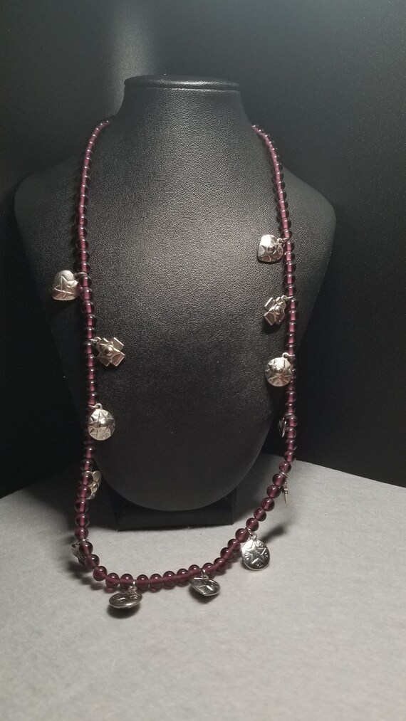 Vintage Purple Glass Beads with Silvertone Design 