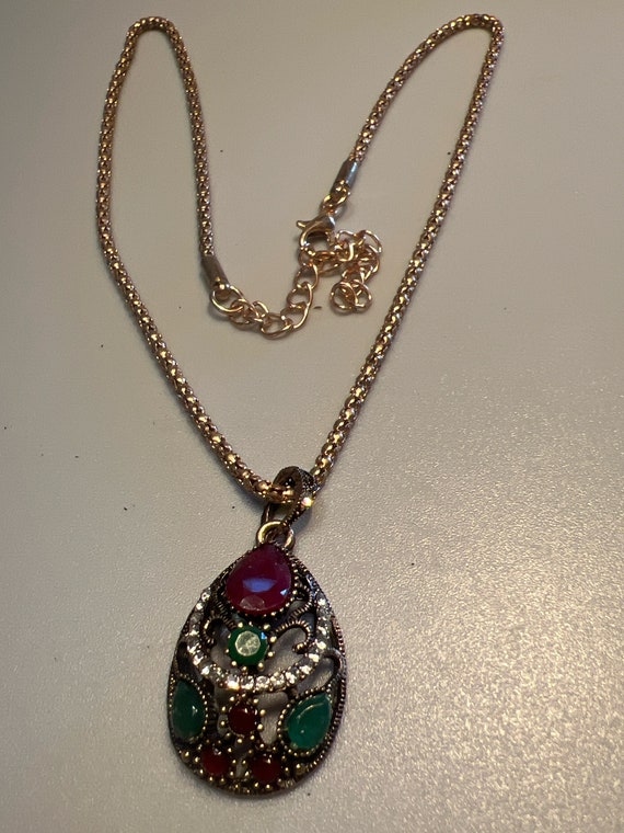 Vintage Goldtone Chain with Clear Red and Green Rh