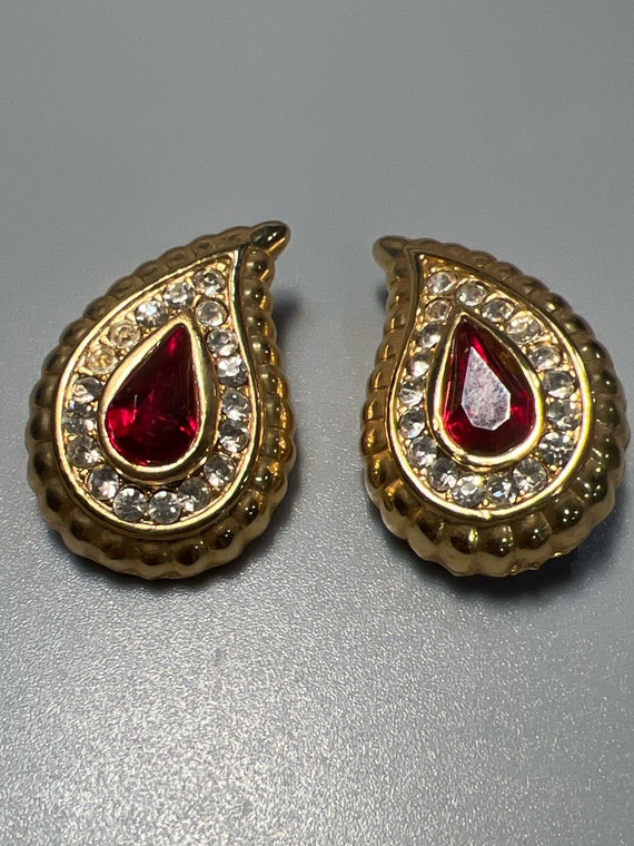 Vintage  Goldtone with Clear Rhinestones and Ruby… - image 1