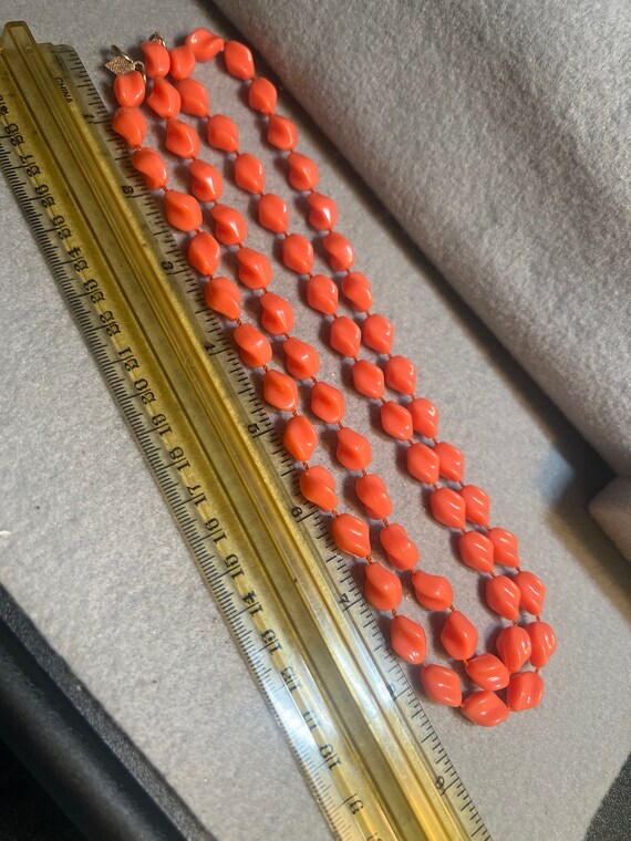 Vintage Coral Colored Plastic Beaded Necklace sig… - image 2