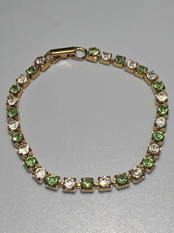 Vintage Goldtone with Green and Clear Rhinestones… - image 1