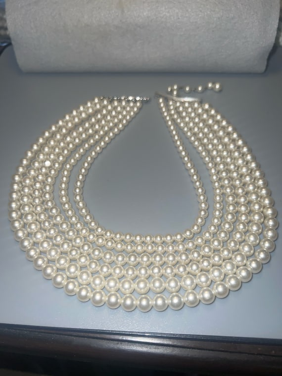 Vintage  6 Strand  White Faux Pearl Beaded Choker 