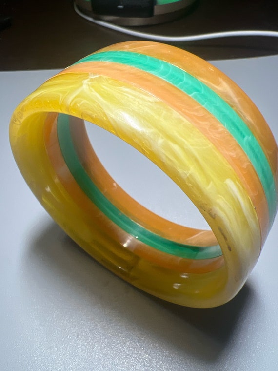 Vintage Plastic Marbled Yellow Peach Green and Ora