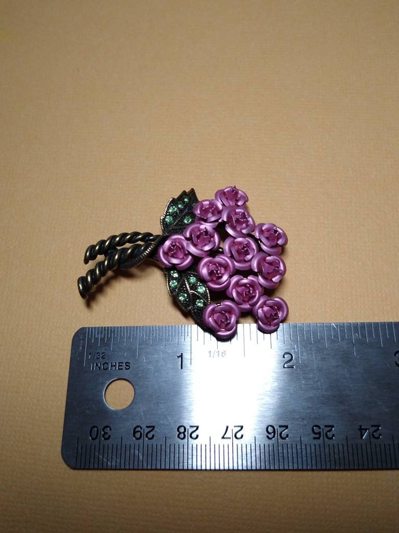 Vintage Pink Flower Green Rhinestones Pin Brooch