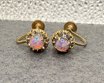 Gold Tone Screw Back Earrings with Clear Rhinestones and Opalescent Center (7203)