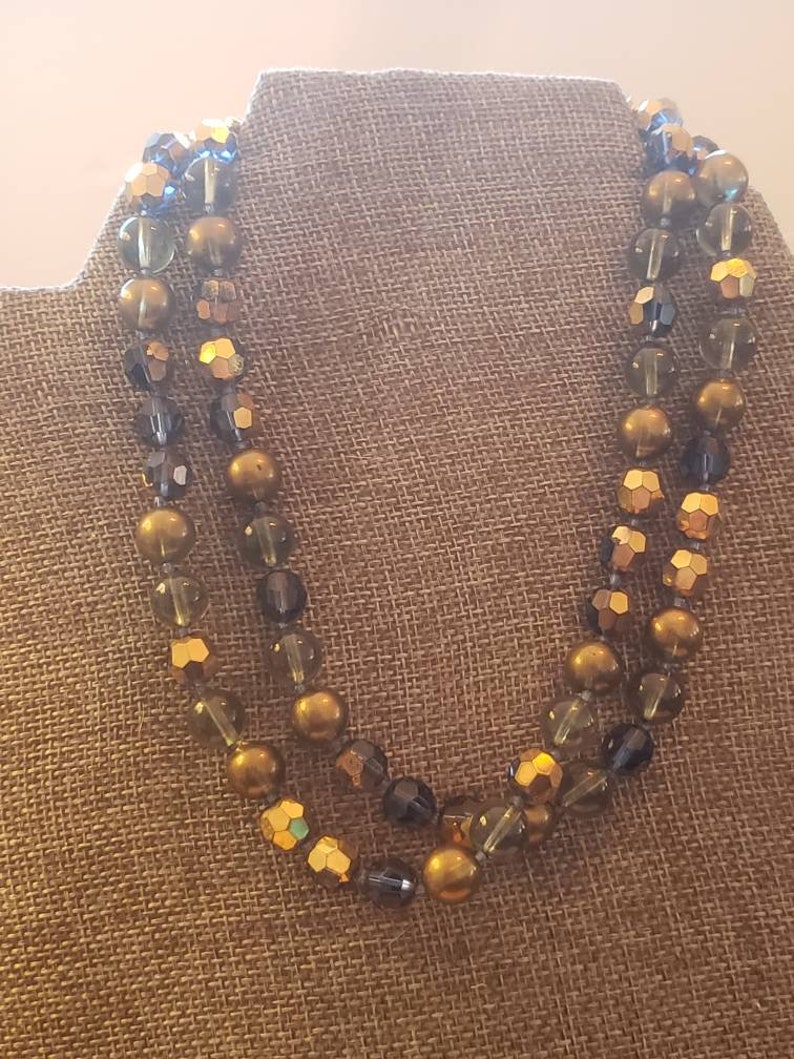 Vintage Double Strand Necklace Gold and Shades of Blue Signed Marvella