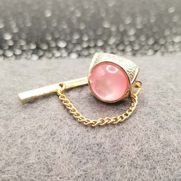 Swank Pink Marble Gold Tone Tie Tack with Chain Pin (5691)