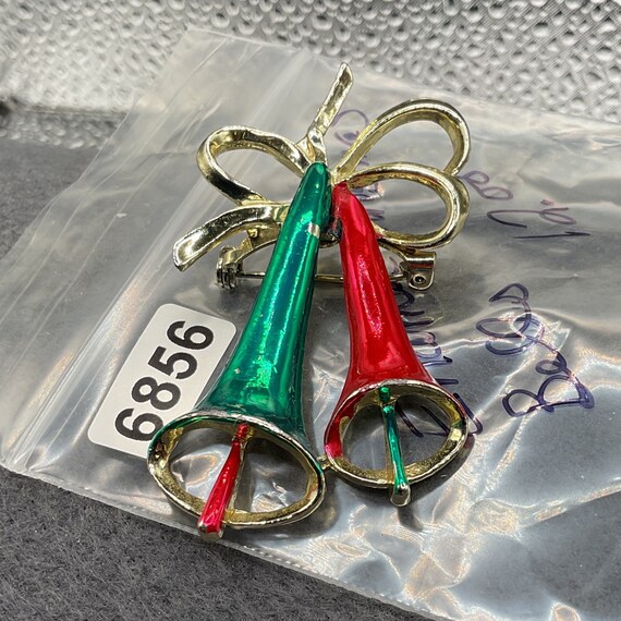 Enamel Green and Red Christmas Bells Brooch (6856) - image 4