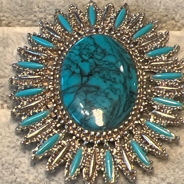 Vintage Silvertone with Turquoise Colored Veined Stones Pin Brooch  (A1054gr)