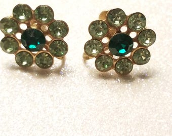 Vintage Rhinestone Green Screw Back Earrings