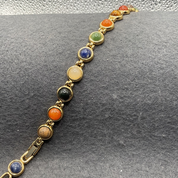 Multi Colored Circular Stones Gold Tone Bracelet (7216)