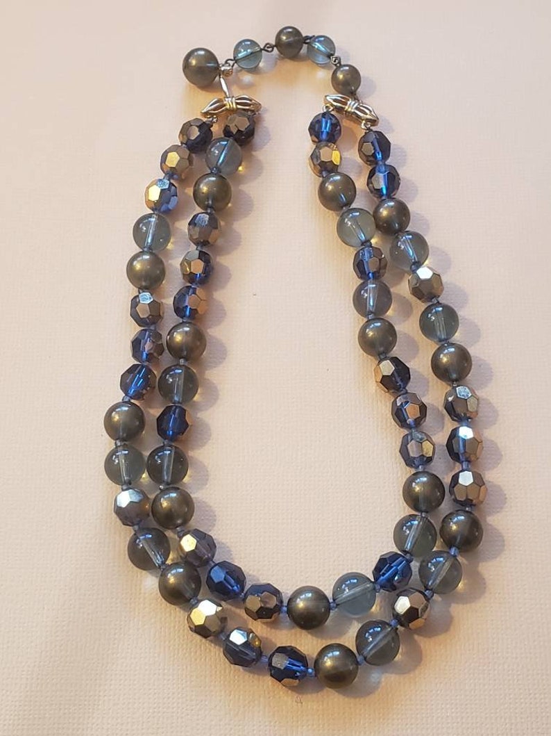 Vintage Double Strand Necklace Gold and Shades of Blue Signed Marvella
