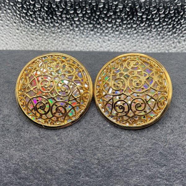 Large Circular Gold Tone Design with Shimmery Iridesdent Background Clip-On Earrings (7121)