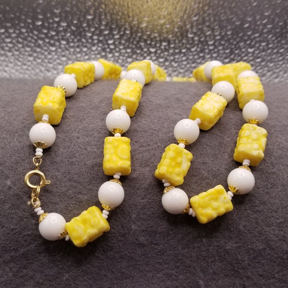 Textured Lemon Colored Square Beads and White Bea… - image 2