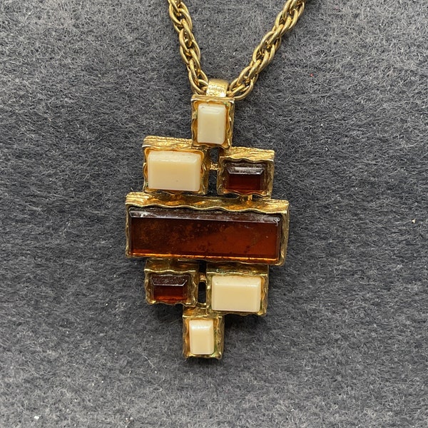 D’Orlan White and Orange Rectangles Design Gold Tone Necklace (7125)